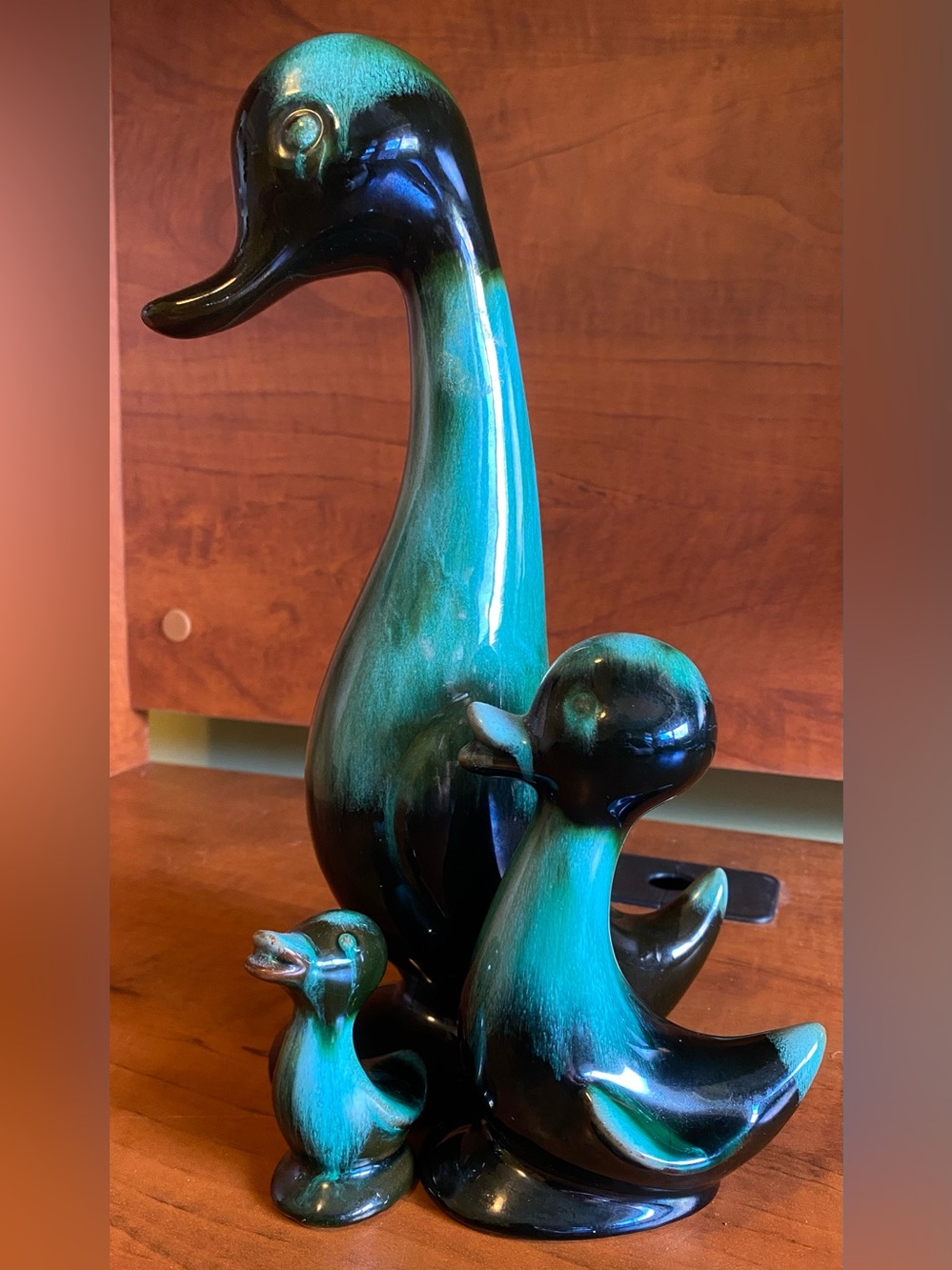 Turquoise and Black Ceramic Duck Family - Vintage Decorative Home Art